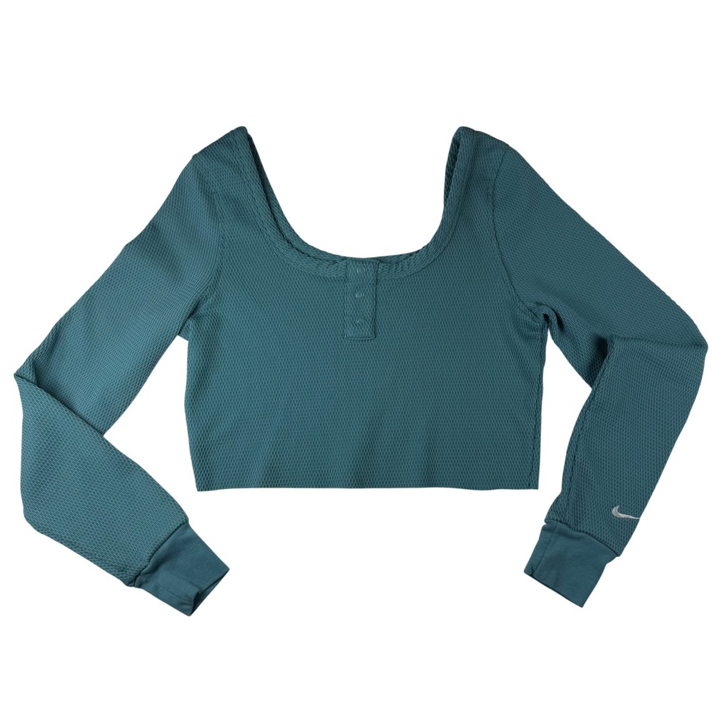 Nike Crop Top Women Medium Teal Blue Henley Textured Long Sleeve  NWOT Athletic